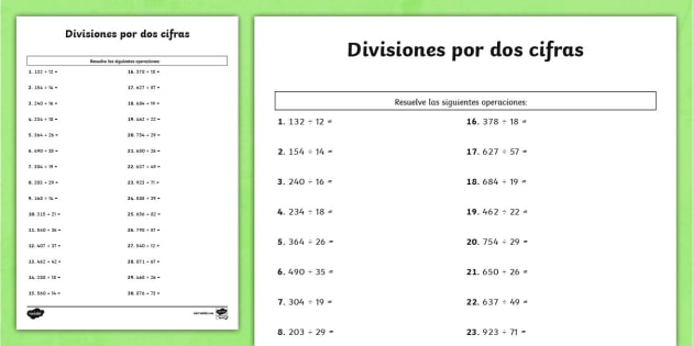 Divisiones de cifras listas para imprimir